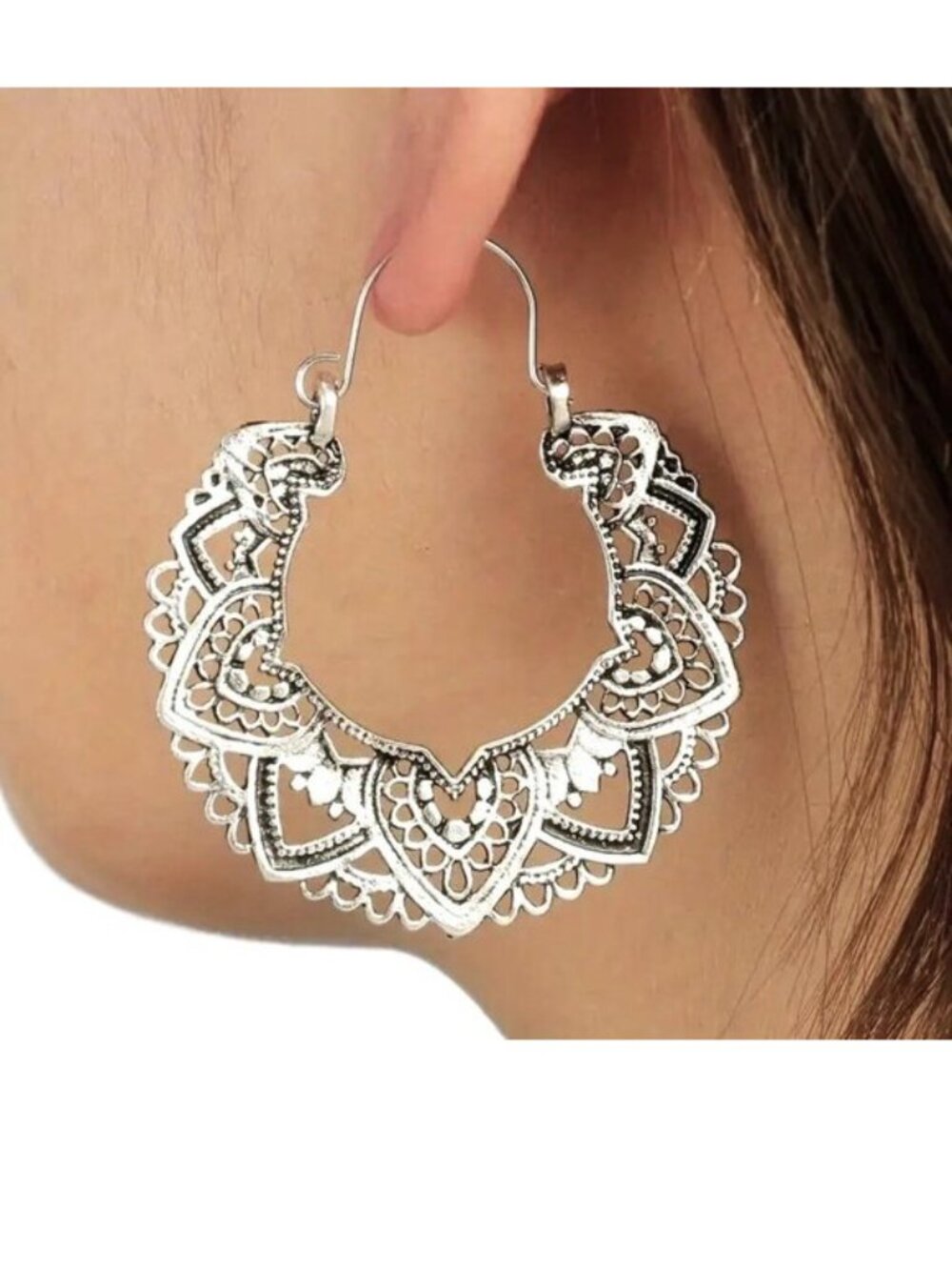 Ornate Bohemian Earrings Dangle Silver Mandala Filigree Hoop Stylish Fashion Fun